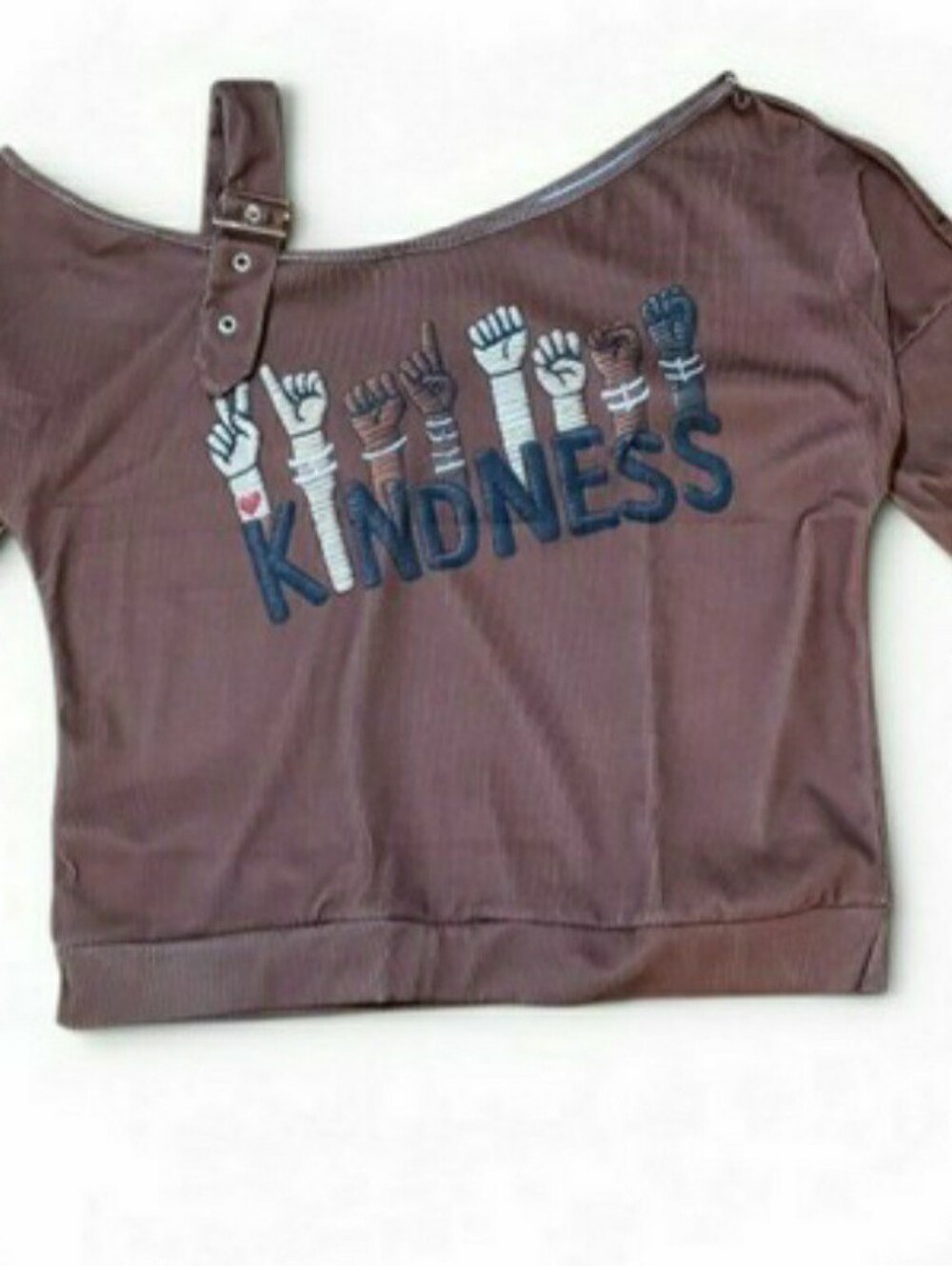 Kindness womens sm Off shoulder Graphic Sweatshirt - brown. New 7079